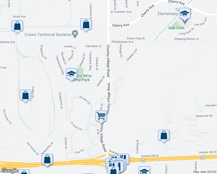 map of restaurants, bars, coffee shops, grocery stores, and more near 2201 Country Village Road in Riverside