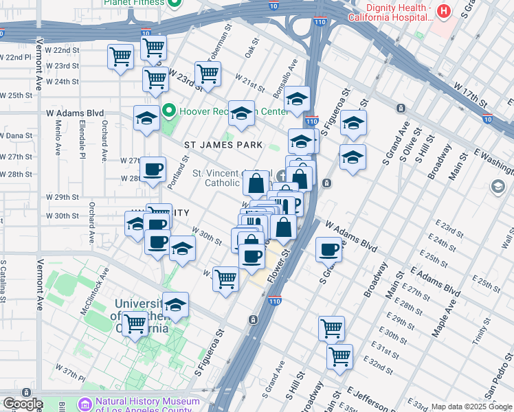 map of restaurants, bars, coffee shops, grocery stores, and more near 2601 South Figueroa Street in Los Angeles