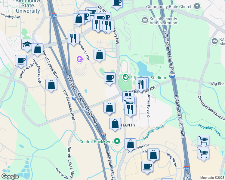 map of restaurants, bars, coffee shops, grocery stores, and more near 3051 George Busbee Pkwy NW in Kennesaw