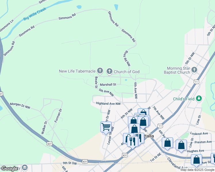 map of restaurants, bars, coffee shops, grocery stores, and more near 203 Marshall Street Northwest in Attalla