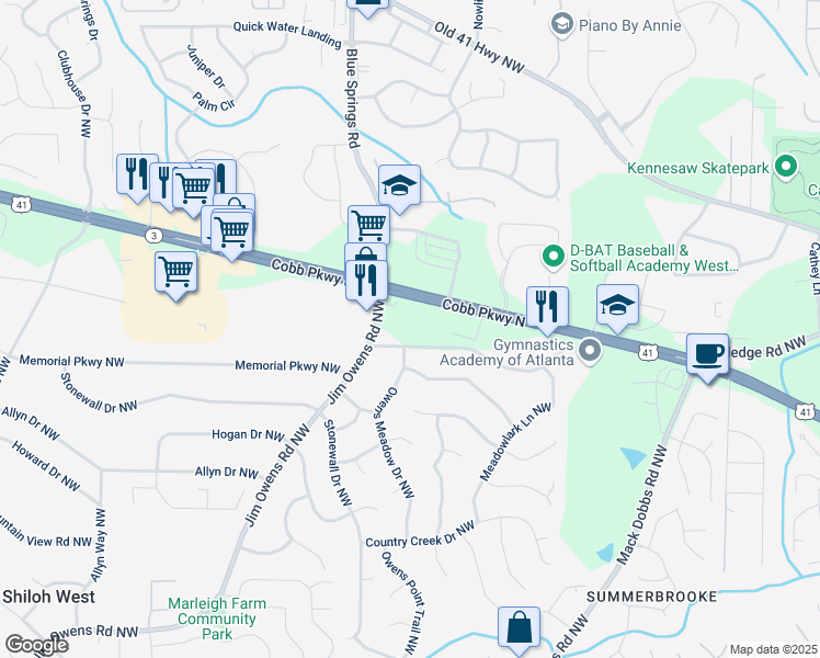 map of restaurants, bars, coffee shops, grocery stores, and more near 3030 Jim Owens Road Northwest in Kennesaw