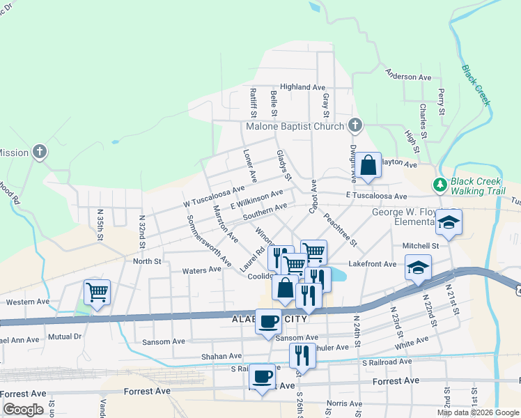map of restaurants, bars, coffee shops, grocery stores, and more near 6 Primrose Road in Gadsden
