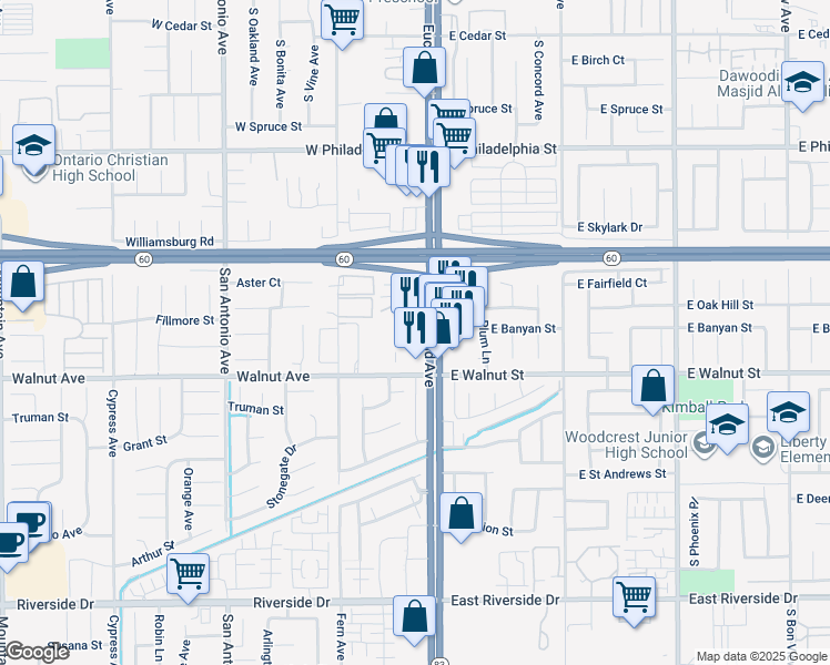 map of restaurants, bars, coffee shops, grocery stores, and more near 95 California 83 in Ontario