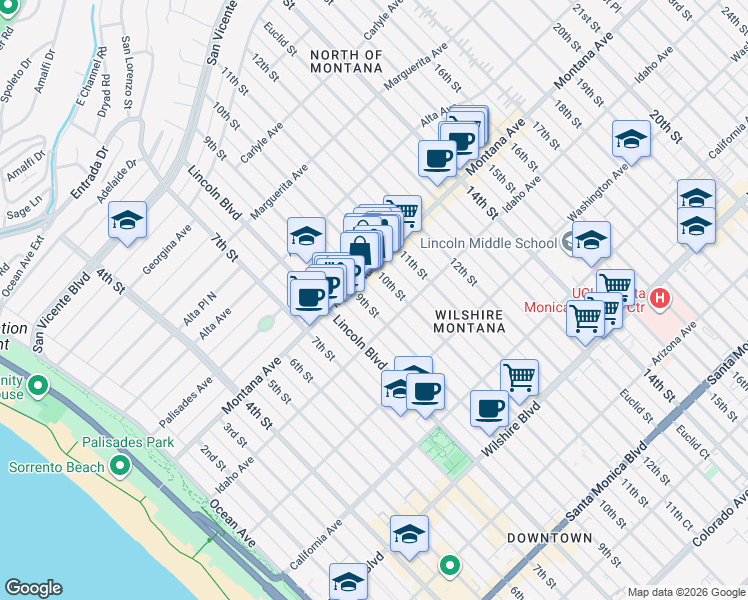 map of restaurants, bars, coffee shops, grocery stores, and more near 827 9th Street in Santa Monica