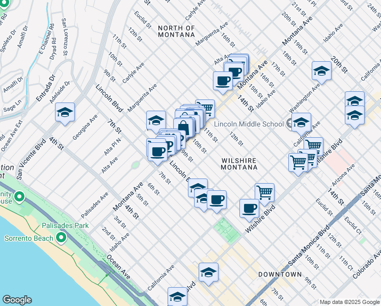 map of restaurants, bars, coffee shops, grocery stores, and more near 827 9th Street in Santa Monica