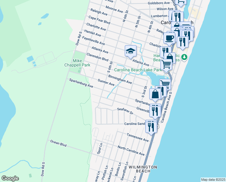 map of restaurants, bars, coffee shops, grocery stores, and more near 504 Spartanburg Avenue in Carolina Beach