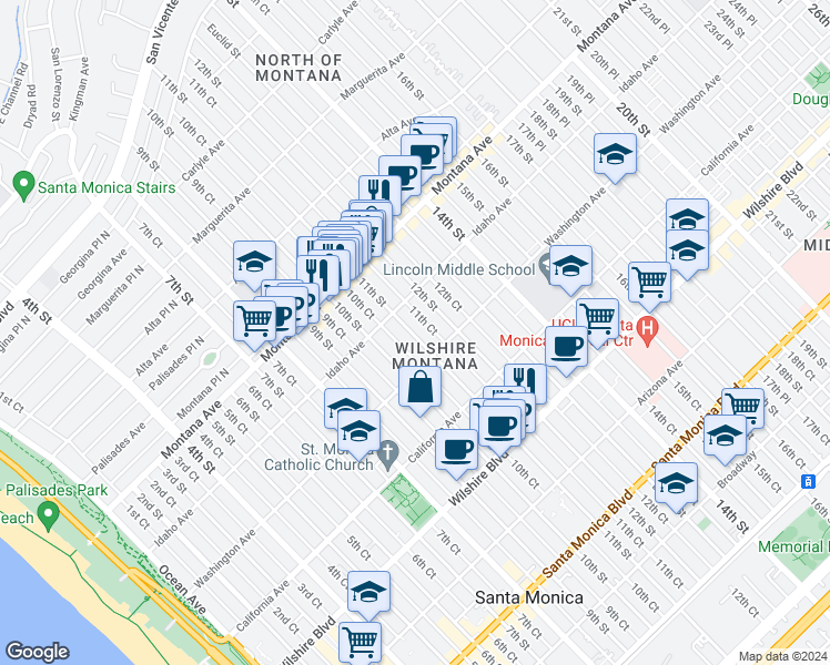 map of restaurants, bars, coffee shops, grocery stores, and more near 933 11th Street in Santa Monica