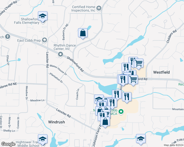map of restaurants, bars, coffee shops, grocery stores, and more near 3302 Chimney Lane Northeast in Roswell