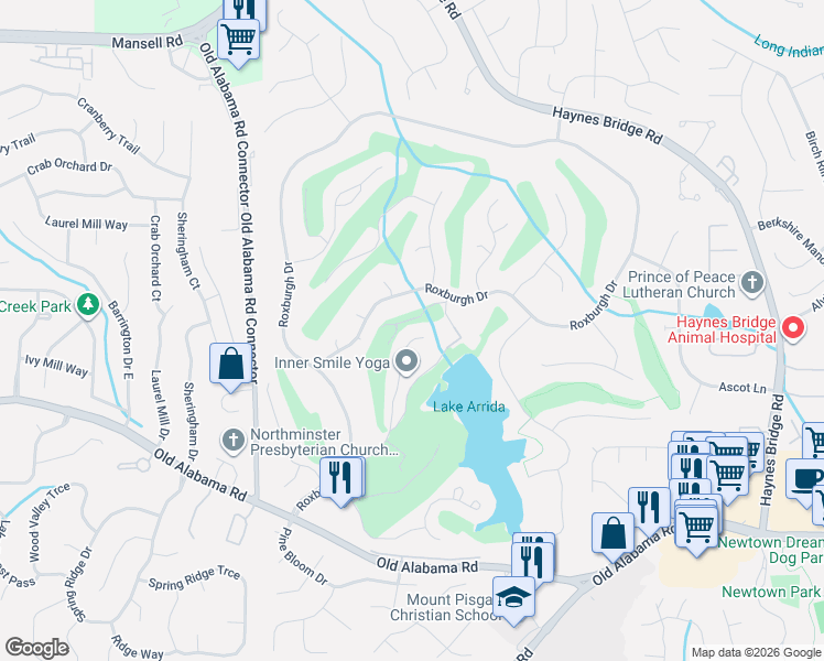 map of restaurants, bars, coffee shops, grocery stores, and more near 10245 Kinross Road in Roswell