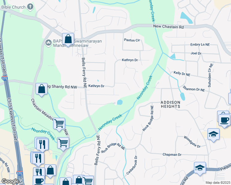 map of restaurants, bars, coffee shops, grocery stores, and more near 175 Brookhaven Drive in Marietta