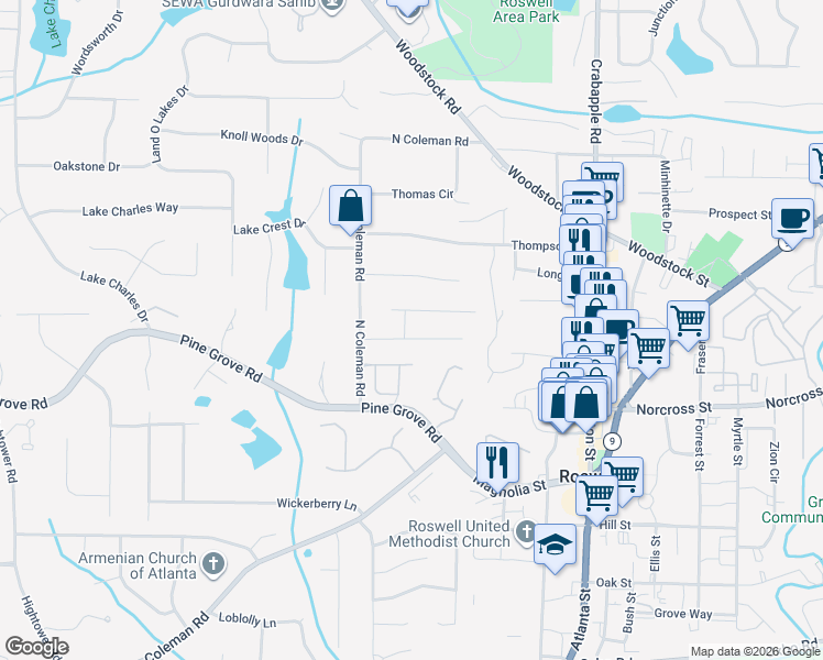 map of restaurants, bars, coffee shops, grocery stores, and more near 270 Windflower Trce in Roswell