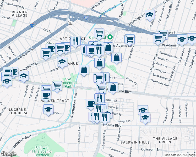 map of restaurants, bars, coffee shops, grocery stores, and more near 3349 South La Cienega Boulevard in Los Angeles