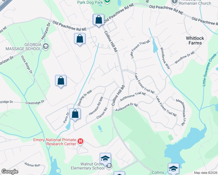 map of restaurants, bars, coffee shops, grocery stores, and more near 2889 Sterling Drive Northwest in Lawrenceville