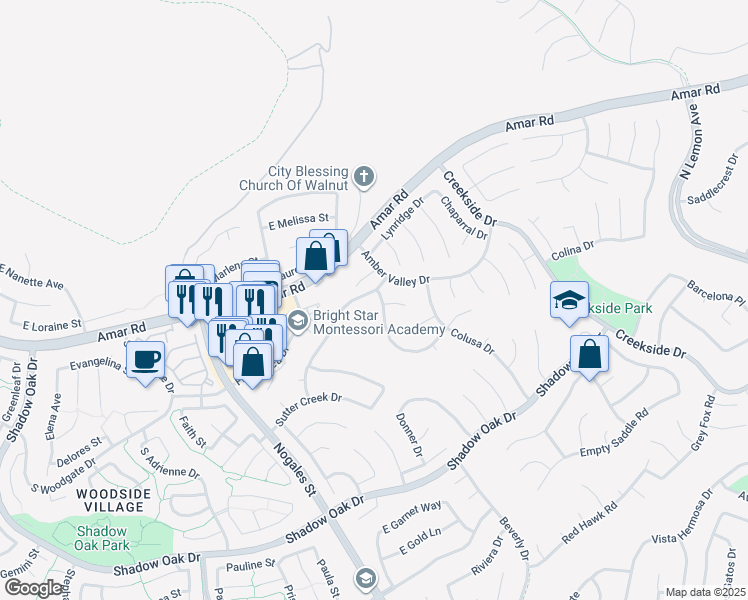map of restaurants, bars, coffee shops, grocery stores, and more near 19000 Summit Ridge Drive in Walnut