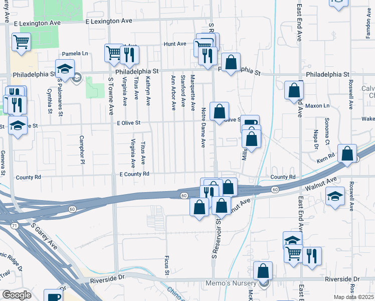 map of restaurants, bars, coffee shops, grocery stores, and more near 2416 Stanford Avenue in Pomona