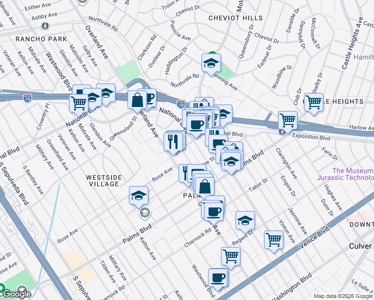 map of restaurants, bars, coffee shops, grocery stores, and more near 3310 Keystone Avenue in Los Angeles