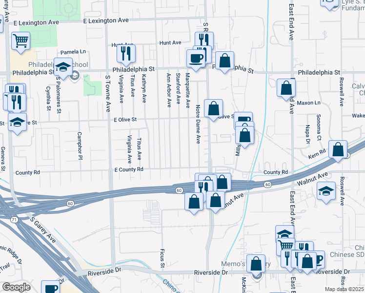map of restaurants, bars, coffee shops, grocery stores, and more near 2416 Stanford Avenue in Pomona