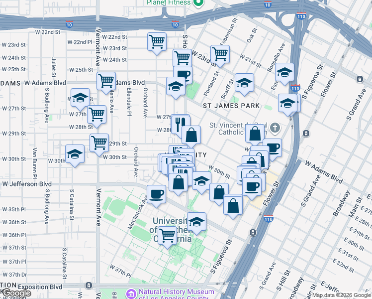 map of restaurants, bars, coffee shops, grocery stores, and more near 3000 South Hoover Street in Los Angeles