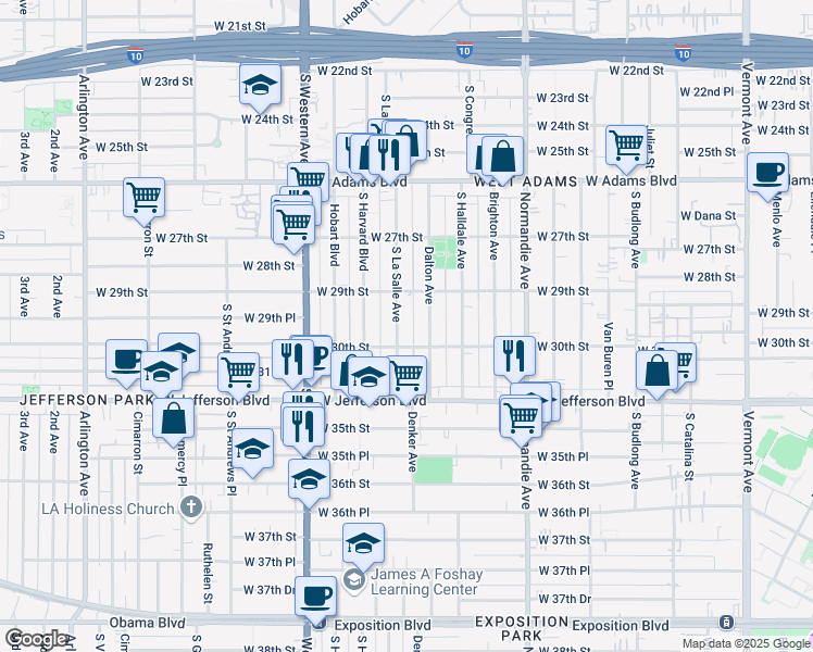 map of restaurants, bars, coffee shops, grocery stores, and more near 2936 South La Salle Avenue in Los Angeles