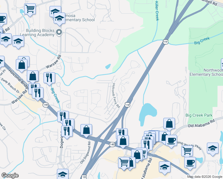 map of restaurants, bars, coffee shops, grocery stores, and more near 205 High Creek Drive in Roswell