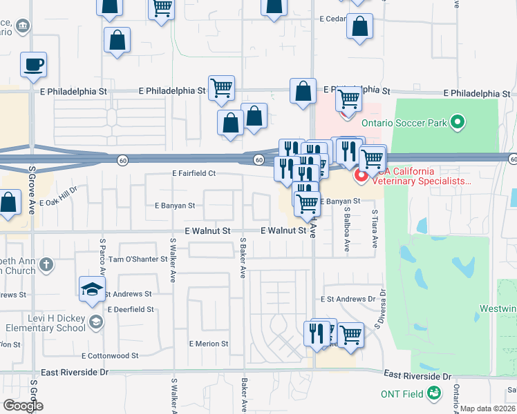 map of restaurants, bars, coffee shops, grocery stores, and more near 2532 South Quaker Ridge Place in Ontario