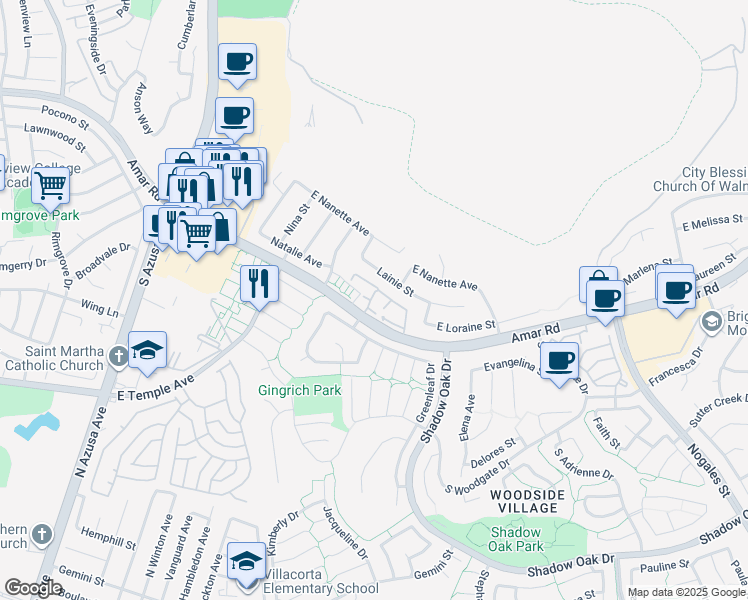 map of restaurants, bars, coffee shops, grocery stores, and more near 1901 Amar Road in West Covina