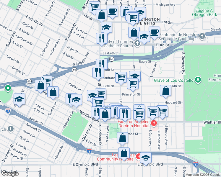 map of restaurants, bars, coffee shops, grocery stores, and more near 3741 East Princeton Street in Los Angeles
