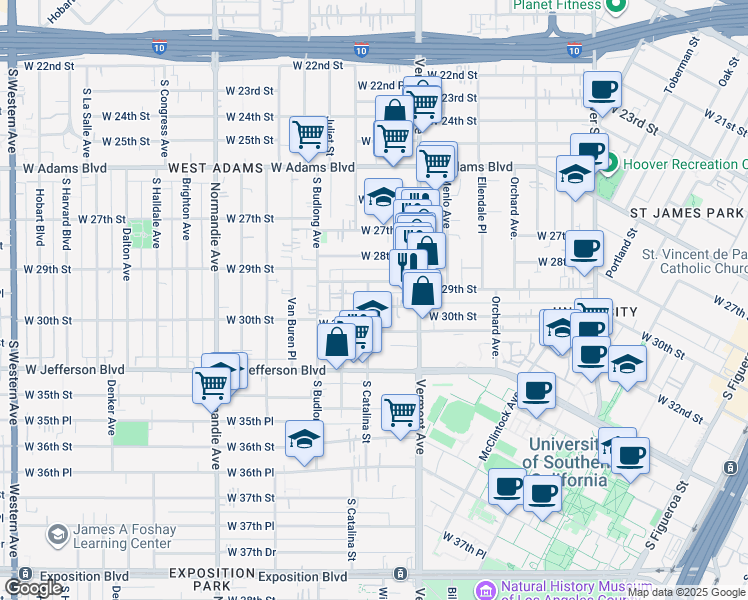 map of restaurants, bars, coffee shops, grocery stores, and more near 1346 West 30th Street in Los Angeles