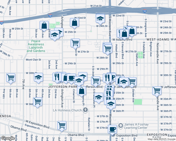 map of restaurants, bars, coffee shops, grocery stores, and more near 2111 West 30th Street in Los Angeles