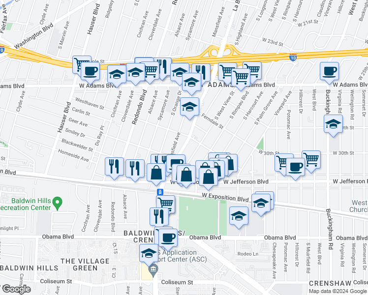 map of restaurants, bars, coffee shops, grocery stores, and more near 2946 South La Brea Avenue in Los Angeles