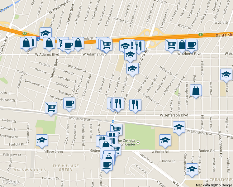 map of restaurants, bars, coffee shops, grocery stores, and more near 5103 Roseland Street in Los Angeles