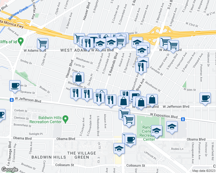 map of restaurants, bars, coffee shops, grocery stores, and more near 2925 Alsace Avenue in Los Angeles