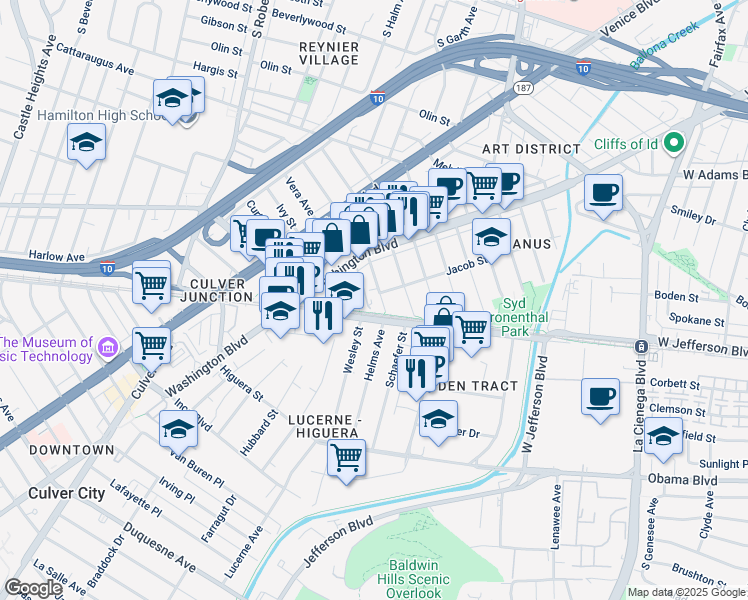map of restaurants, bars, coffee shops, grocery stores, and more near 3424 Helms Avenue in Culver City