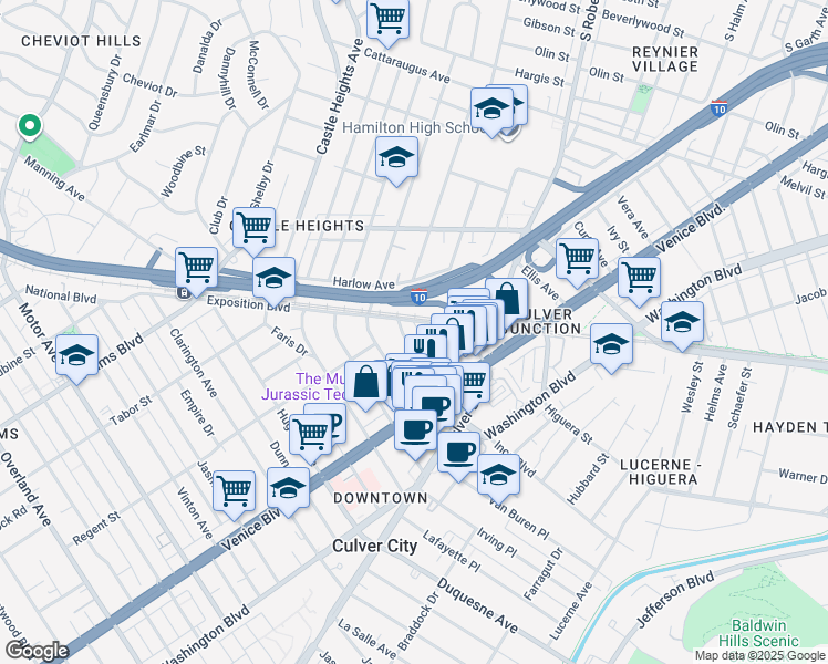 map of restaurants, bars, coffee shops, grocery stores, and more near 3734 South Canfield Avenue in Los Angeles