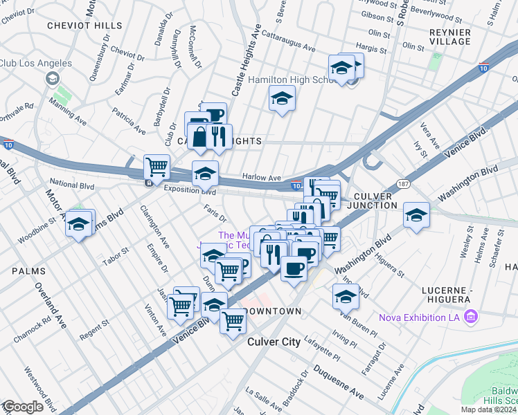 map of restaurants, bars, coffee shops, grocery stores, and more near 3651 Cardiff Avenue in Los Angeles
