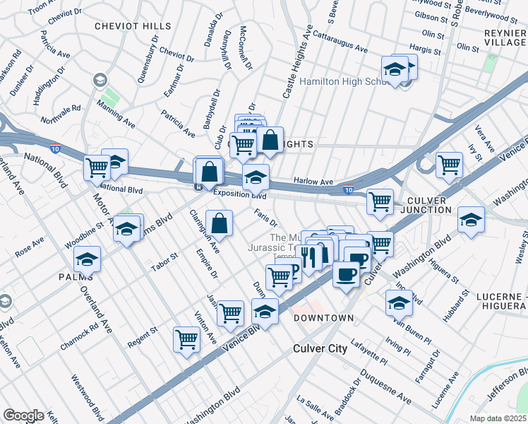 map of restaurants, bars, coffee shops, grocery stores, and more near 3626 Watseka Avenue in Los Angeles