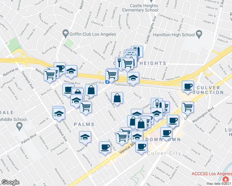 map of restaurants, bars, coffee shops, grocery stores, and more near 9909 Tabor Street in Los Angeles