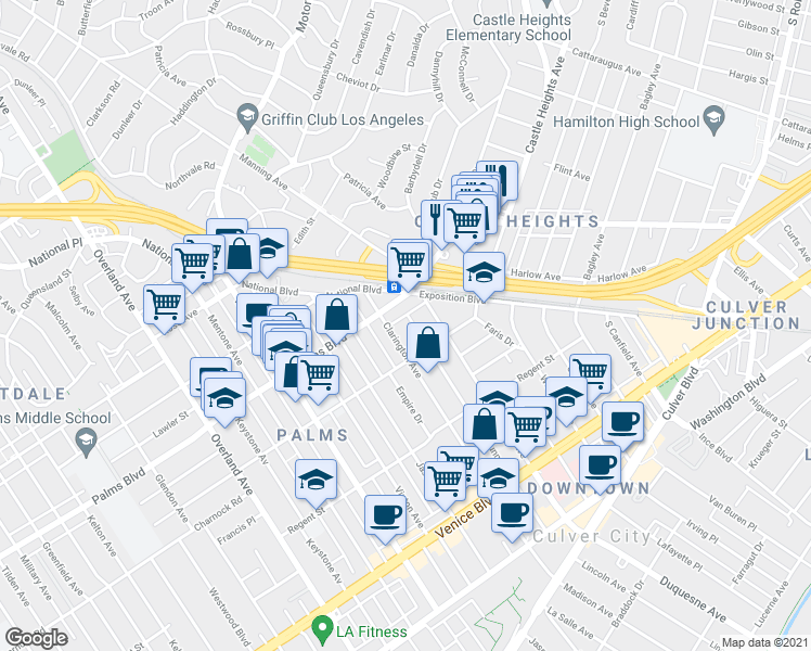 map of restaurants, bars, coffee shops, grocery stores, and more near 3546 Clarington Avenue in Los Angeles