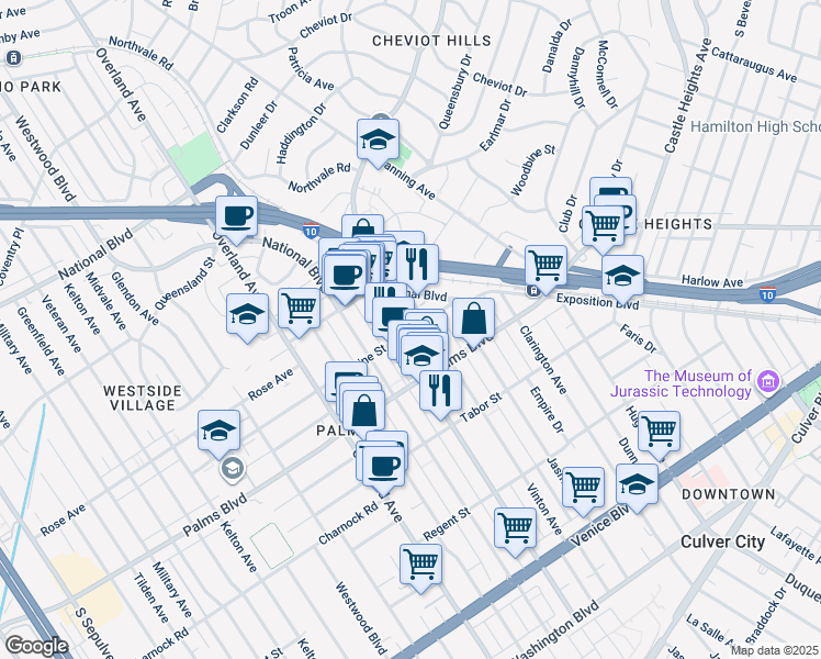 map of restaurants, bars, coffee shops, grocery stores, and more near 3431 Vinton Avenue in Los Angeles