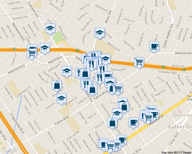 map of restaurants, bars, coffee shops, grocery stores, and more near 3345 Mentone Avenue in Los Angeles