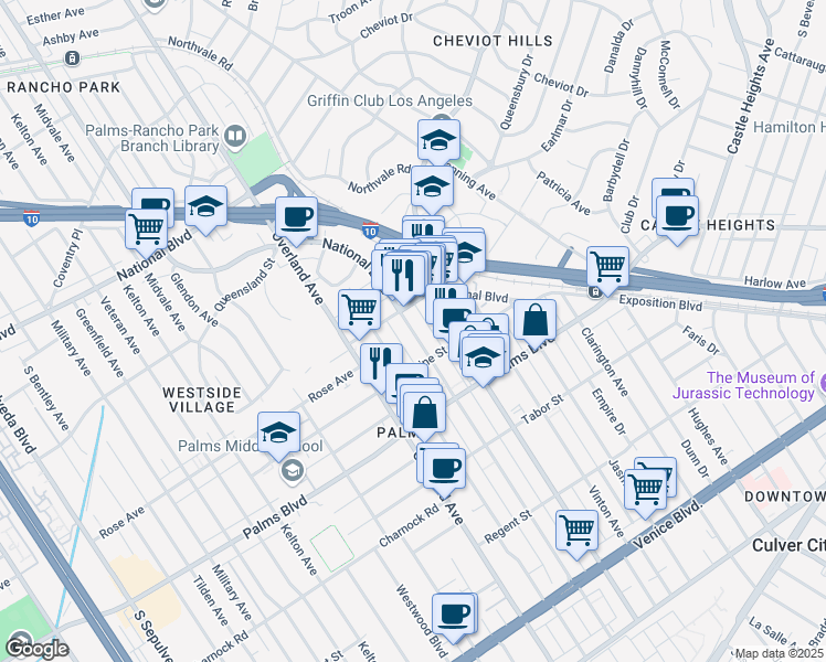 map of restaurants, bars, coffee shops, grocery stores, and more near 3345 Mentone Avenue in Los Angeles