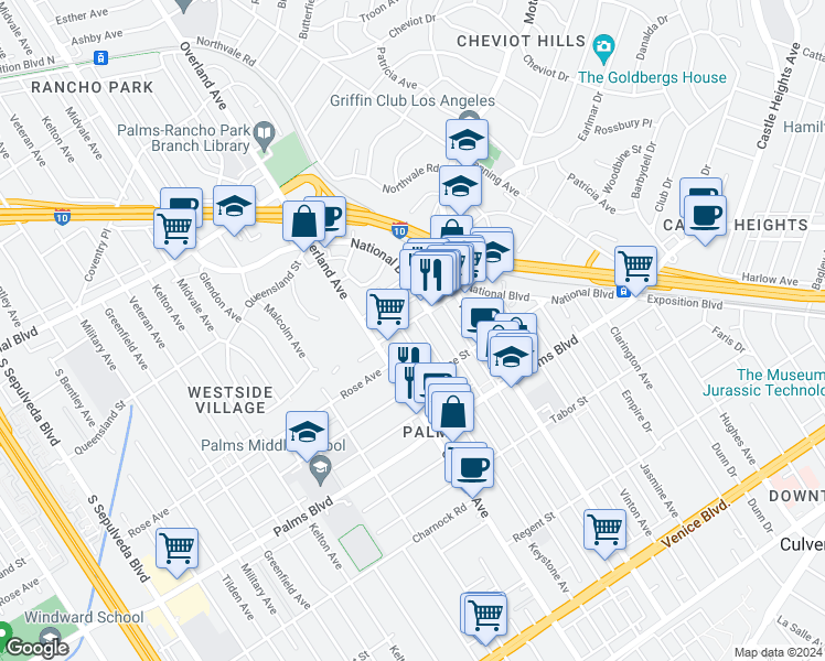 map of restaurants, bars, coffee shops, grocery stores, and more near 3317 Keystone Avenue in Los Angeles