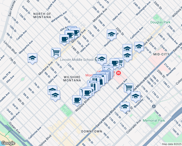 map of restaurants, bars, coffee shops, grocery stores, and more near 1308 California Avenue in Santa Monica