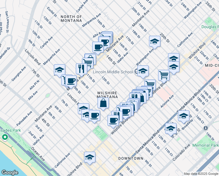 map of restaurants, bars, coffee shops, grocery stores, and more near 1122 Washington Avenue in Santa Monica