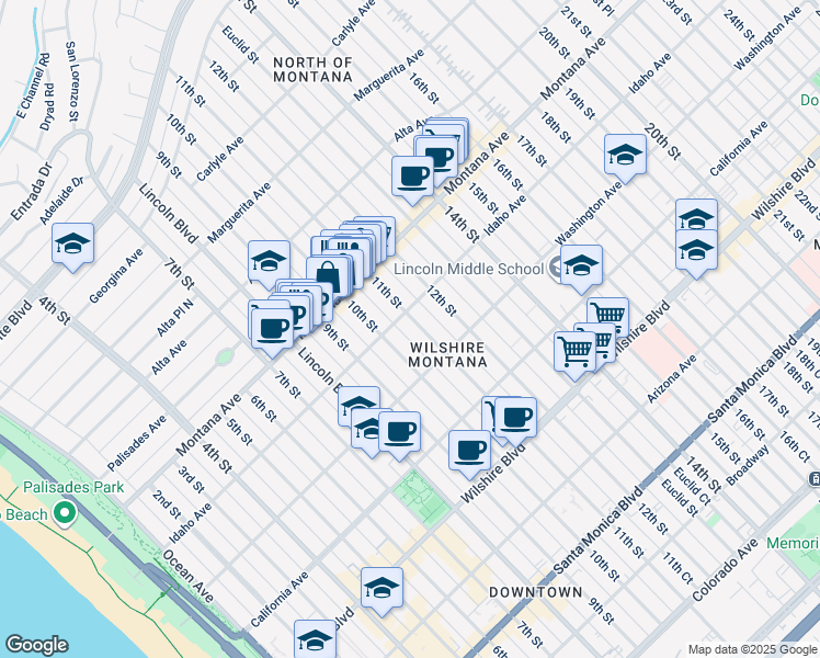 map of restaurants, bars, coffee shops, grocery stores, and more near in Santa Monica