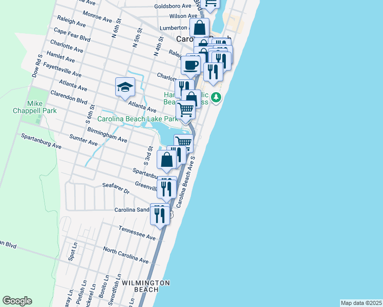 map of restaurants, bars, coffee shops, grocery stores, and more near 608 Carolina Beach Avenue South in Carolina Beach