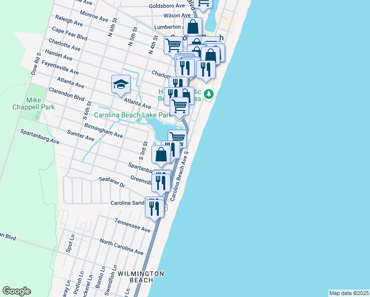 map of restaurants, bars, coffee shops, grocery stores, and more near 616 Carolina Beach Avenue South in Carolina Beach