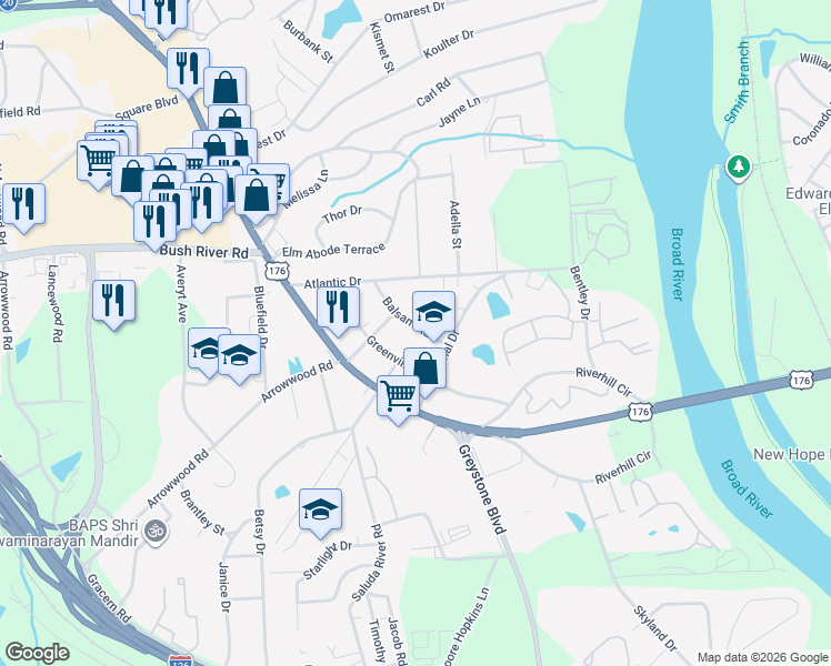 map of restaurants, bars, coffee shops, grocery stores, and more near 1030 Greenville Circle in Columbia