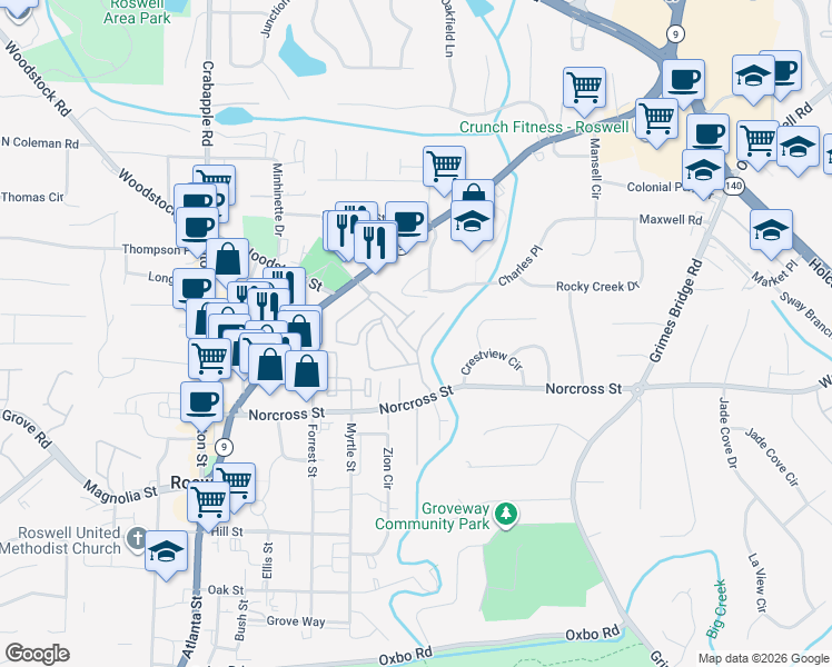 map of restaurants, bars, coffee shops, grocery stores, and more near 1709 Liberty Lane in Roswell