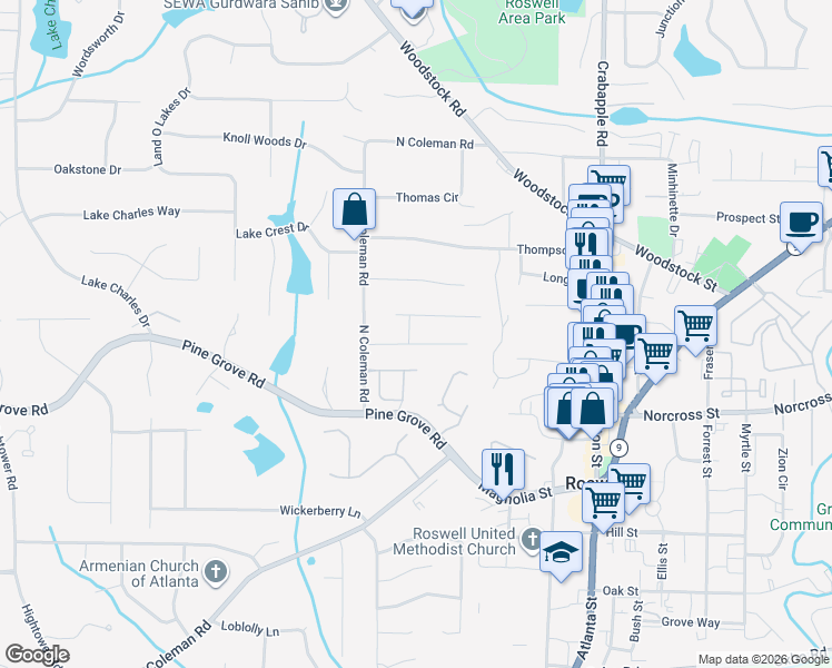 map of restaurants, bars, coffee shops, grocery stores, and more near 270 Windflower Trce in Roswell